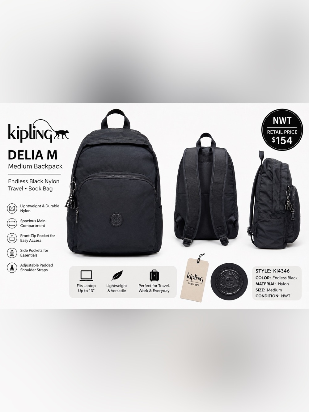 Kipling Delia Medium Backpack Endless
Black Nylon Travel School Bookbag NWT
